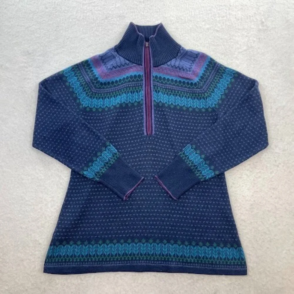 Eddie Bauer Women's Blue Aqua Fair Isle Long Sleeve 1/2 Zip Sweater Size Large